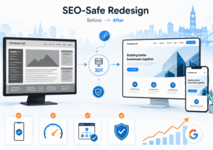 SEO-safe website redesign Leeds before and after with 301 redirects and ranking protection