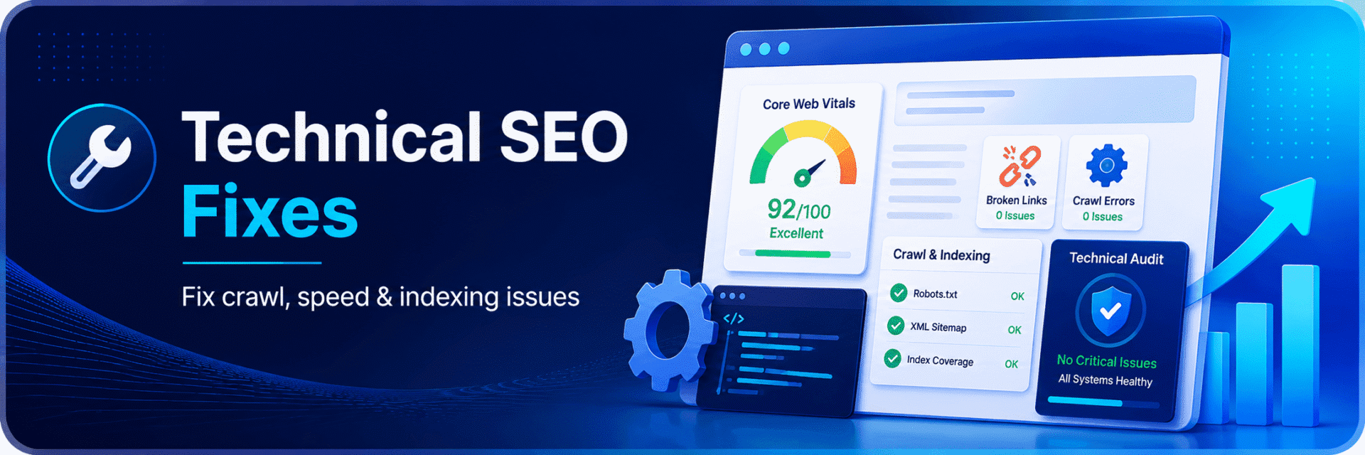 Technical SEO fixes dashboard showing website audit, speed, indexing and SEO issue resolution