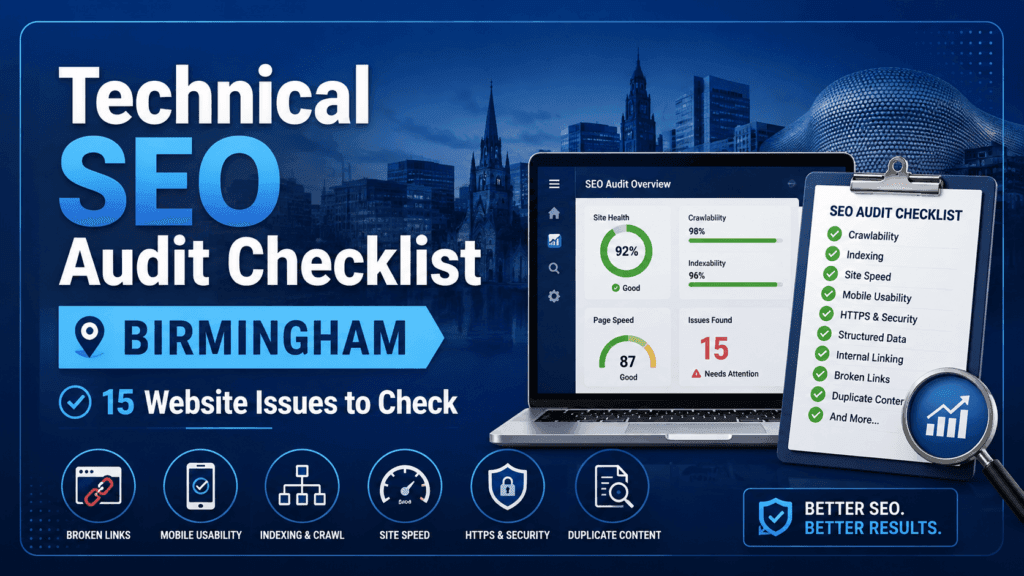 Technical SEO audit checklist Birmingham 2026 for checking website speed indexing mobile usability and broken links