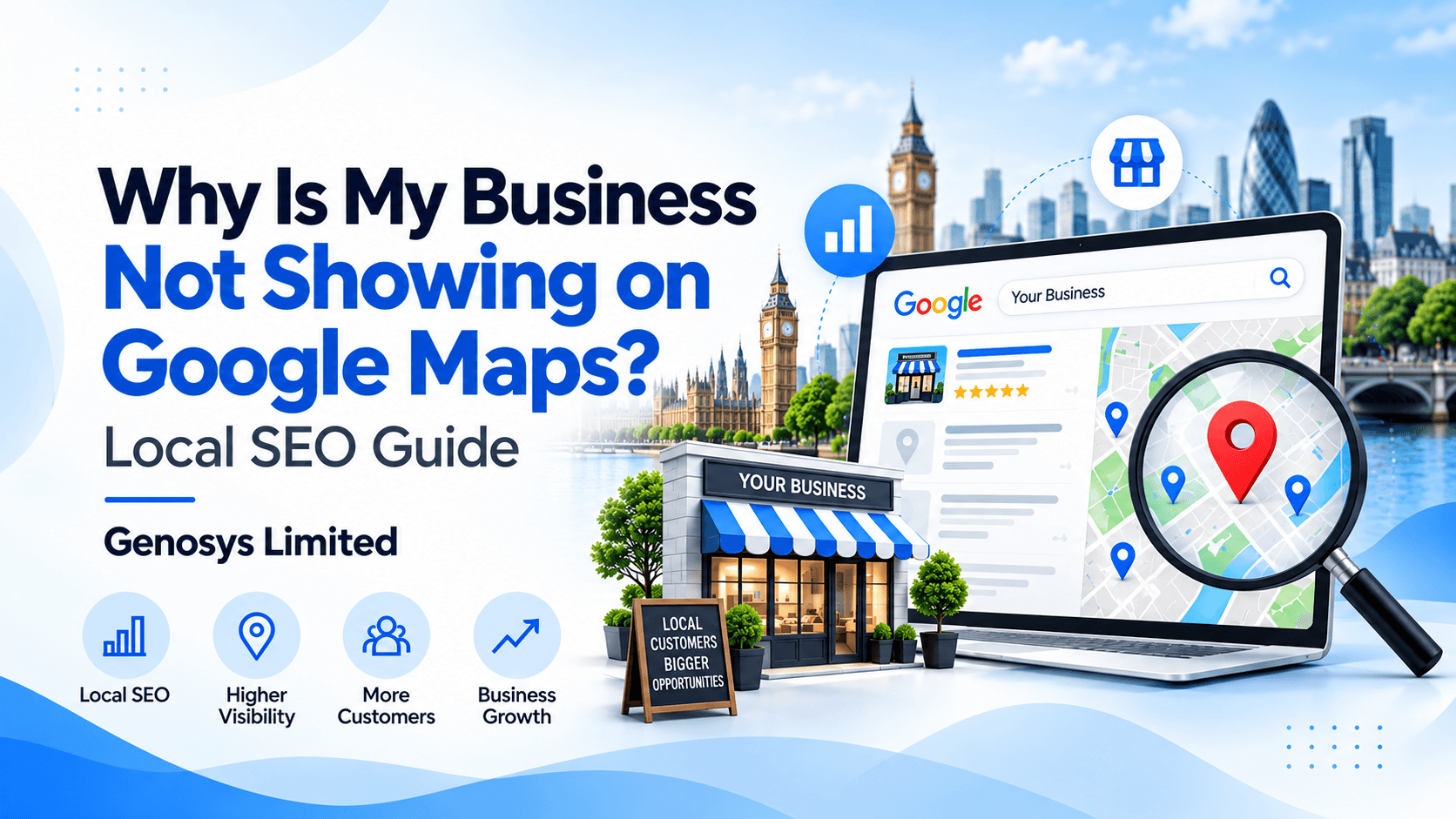 Business not showing on Google Maps? Illustration of a UK storefront, Google Maps search results and location pins.